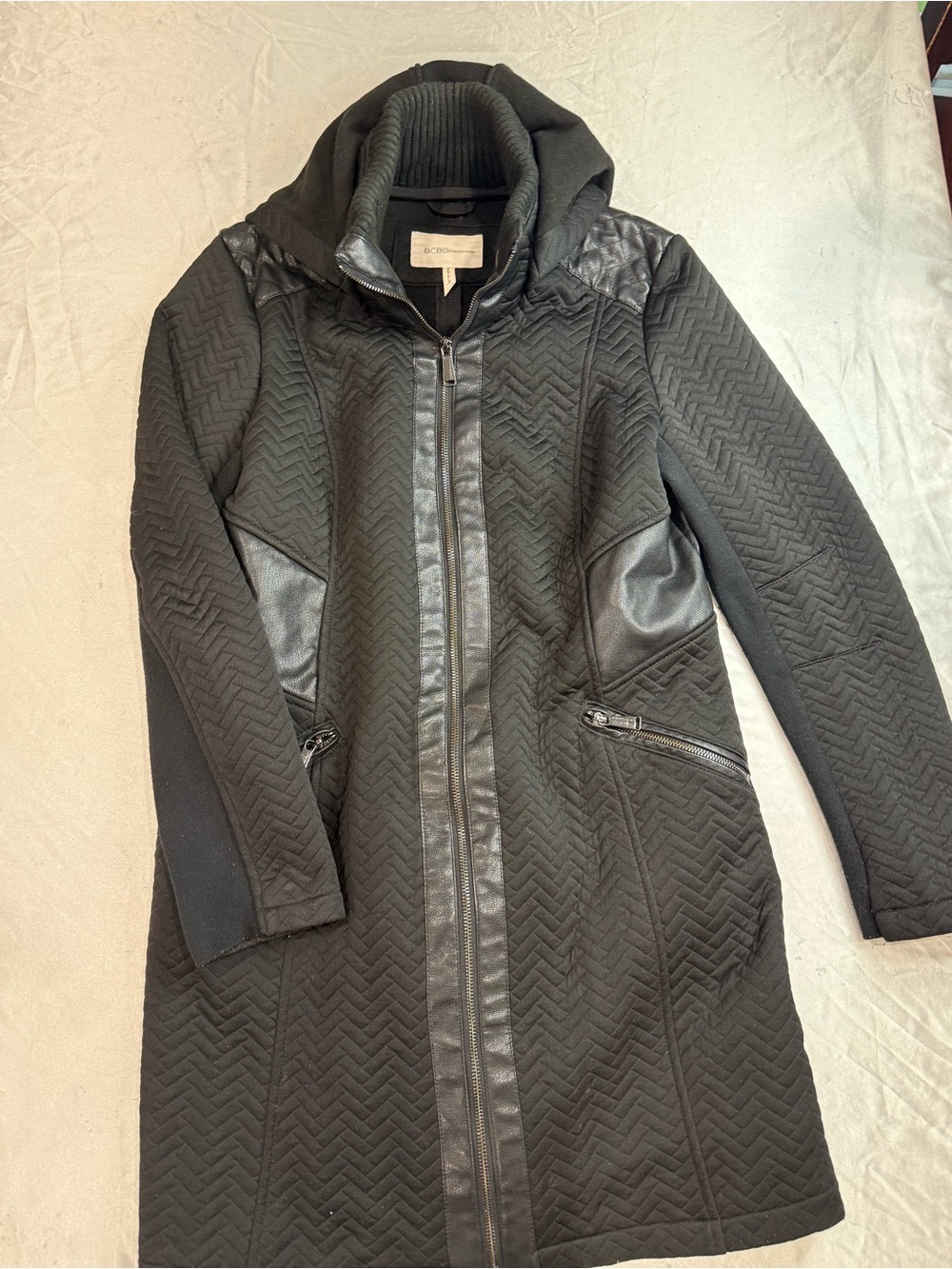 BCBGeneration Black Quilted Trench Coat with Hood
